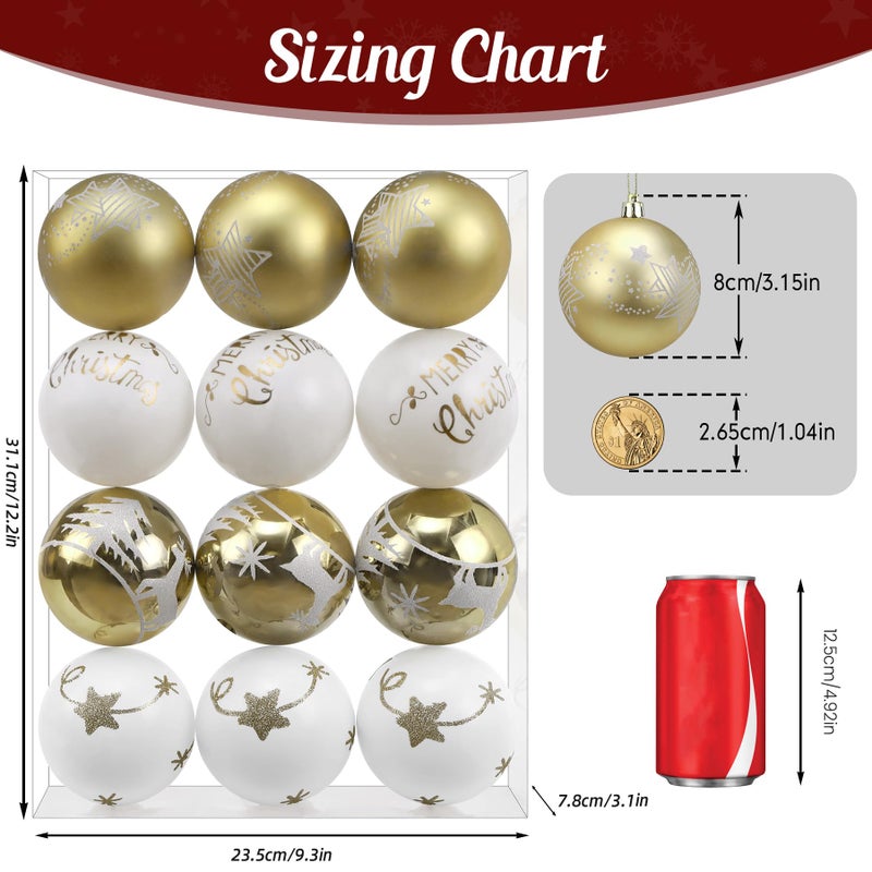 SHareconn 12ct 3.15 Inch Christmas Tree Balls Ornaments, Colored Shatterproof Plastic Decorative Baubles Decorations for Xmas Tree Decor Holiday Party Wedding Decoration (Gold & White, 80mm) - Image 3